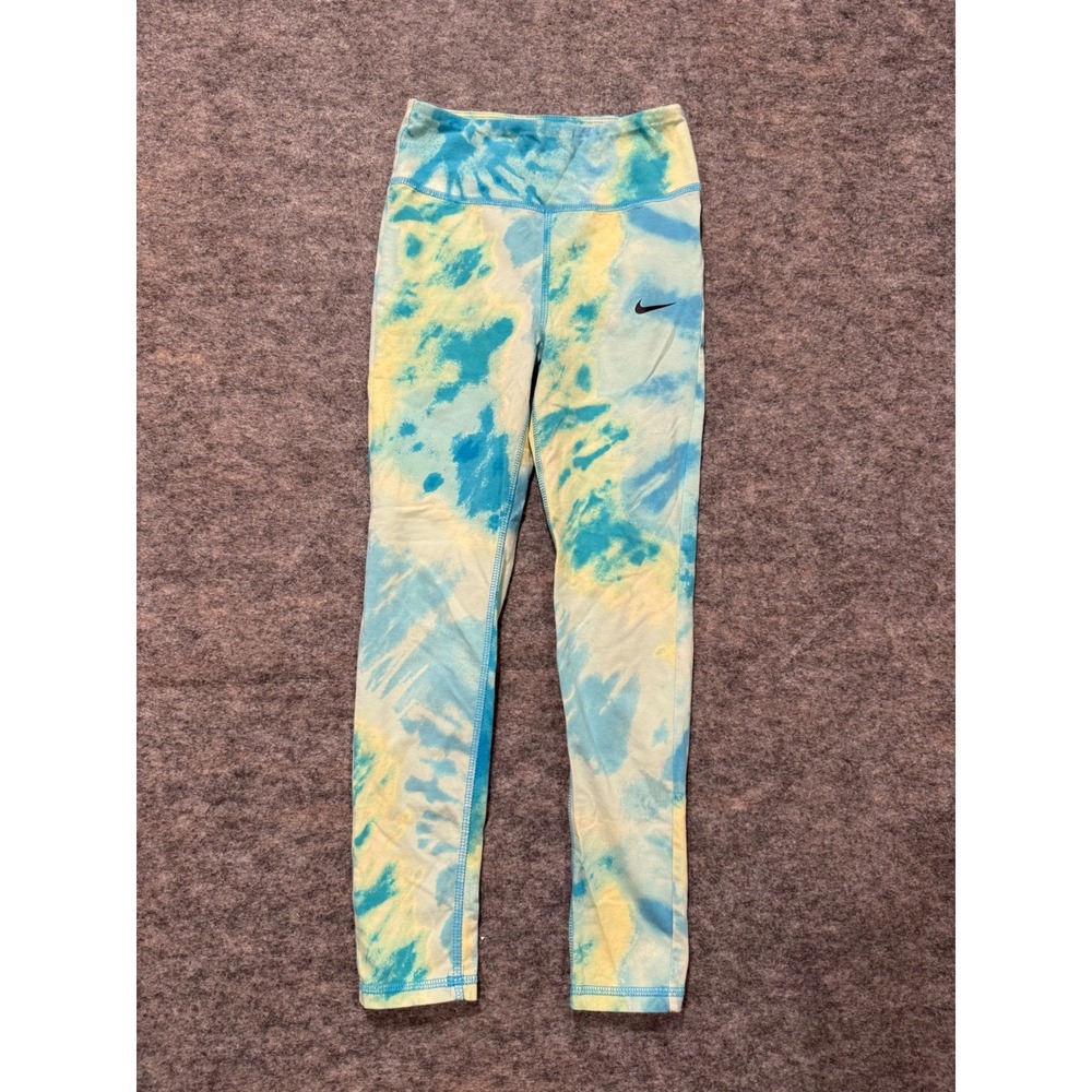 Nike Girls Blue Yellow Tie Dye Athletic Leggings Kids Size Small